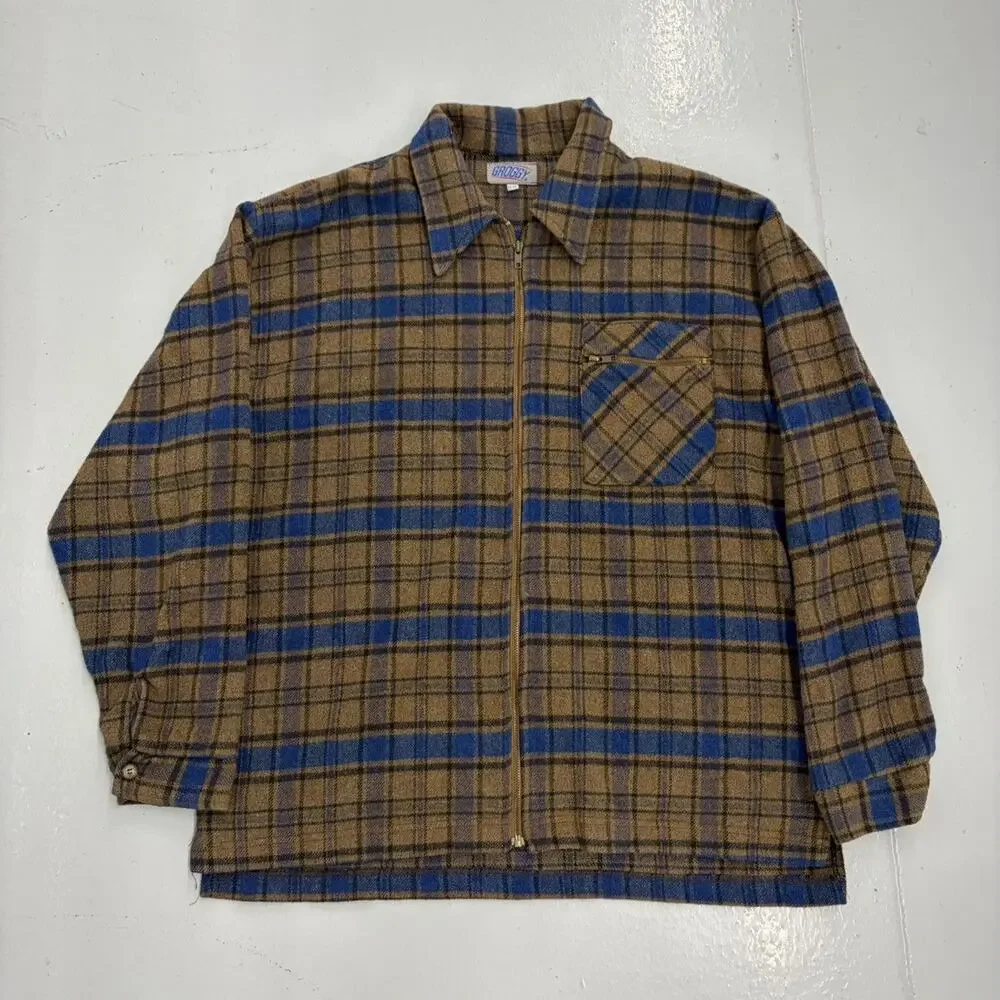 Vintage 90s Groggy Brown/Blue Plaid Wool Fleece Shirt Jacket - Picture 1 of 4